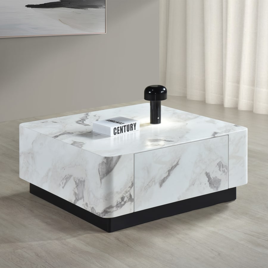 Table basse carrée XL 2 tiroirs en marbre d'ingénierie blanc et noir